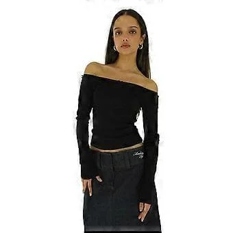 Søte langermede crop topper for kvinner, ensfarget, off shoulder, basic croppet T-skjorte 2023, mote, utekveldstopp, streetwear, svart S (Svart S)