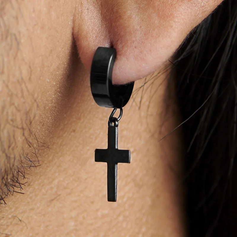 Black Cross & Hoop Earring for Men - Cross earrings