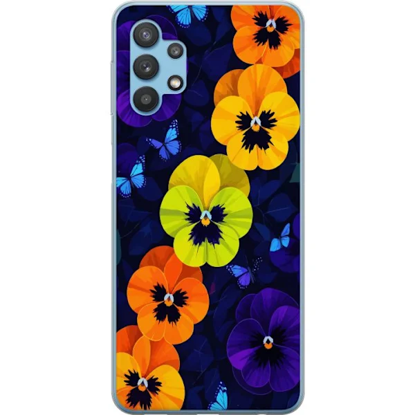 Kompatibelt Mobilskal till Samsung Galaxy A32 5G Livfulla penséer och blå fjärilar mot mörk bakgrund för en färgstark och elegant blomsterstil