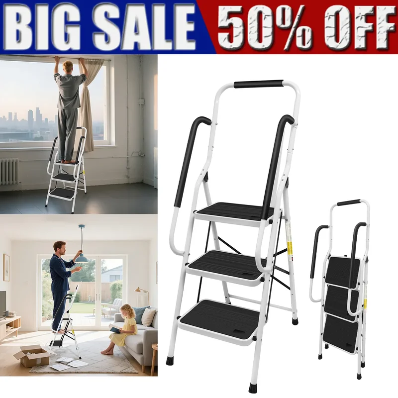 AliExpress - 3-delige vouwladder van gelegeerd staal met leuningen en antislip rubberen voetjes. Huishoudladder die eenvoudig op te bergen en te 