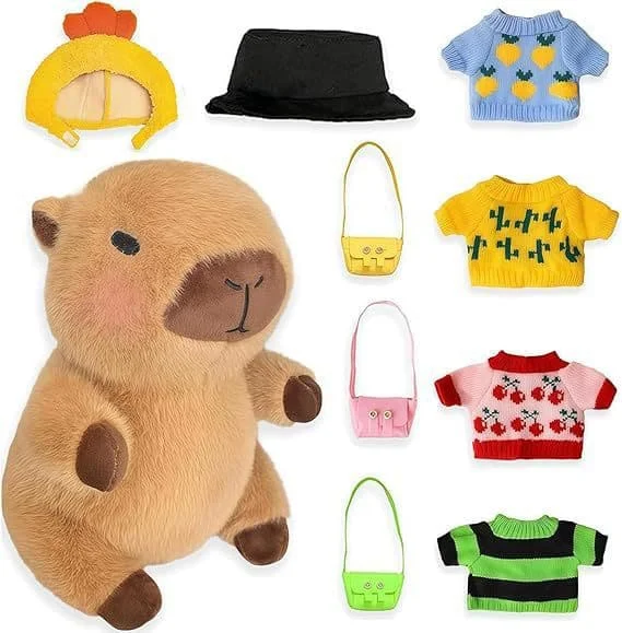 Capybara Plyslegetøj med 9 stk. Tøjtilbehør Pædagogisk DIY Dukke Udklædning Sødt Capybara Udstoppede Dyr til Piger Drenge (FMY)