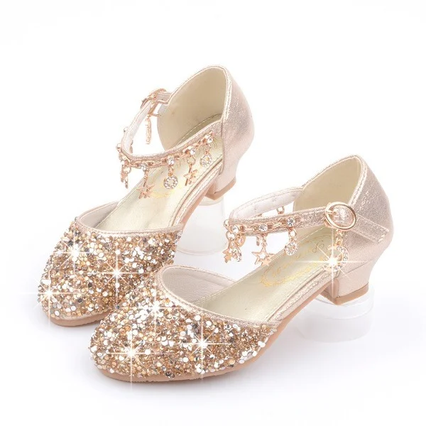Girls Sequin Princess Low Heel Party Dance Shoes Gold 29 Gold-FF- Gold Gold