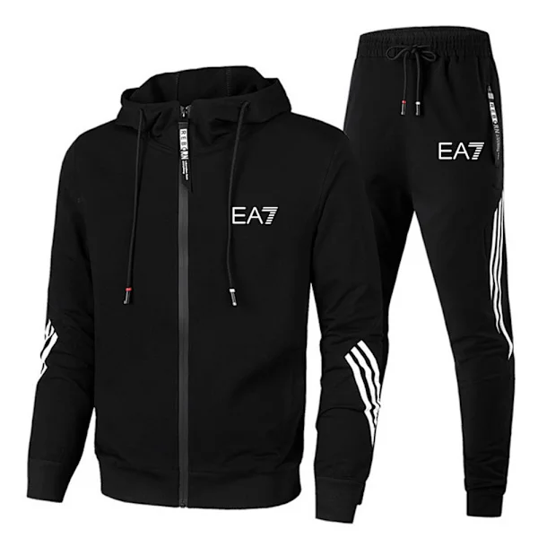 【BQ】Herre Hettegenser med Full Glidelås og Trykk, Lange Joggebukser, Sport, Treningssett Svart