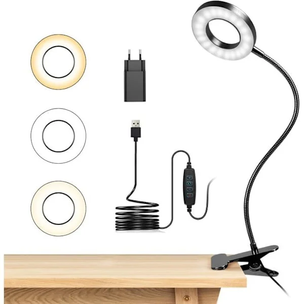 Kontorslampa - Flexibel 360° - 3 Belysningslägen - 10 Ljusstyrkenivåer - USB Svart