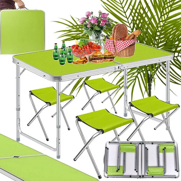 Hopfällbart campingbord 120x60 cm med 4 stolar justerbar höjd grön