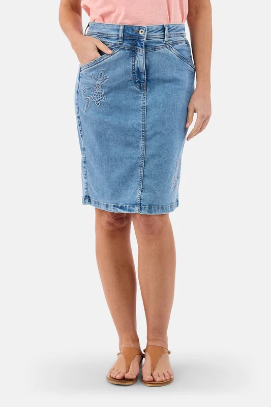 BRANDTEX - Denim Nederdel - Blå - Broderidetalje