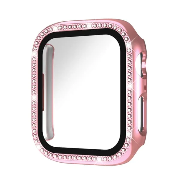 Diamant-indfattet fulddækkende skærmbeskytter i hærdet glas og stødsikkert urcover, kompatibel med 45 mm Apple Watch