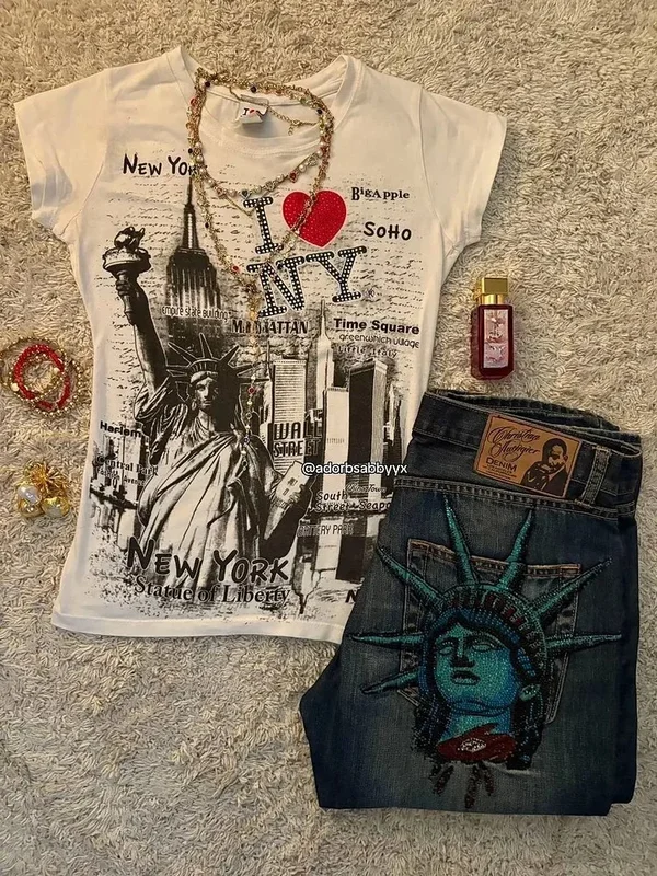 AliExpress - Vintage 2000er Jahre Freiheitsstatue Jeans Hoch taillierte Baggy Straight Denim Hose Streetwear Jean Hot Stamp Diamond Studded Y2k Hose
