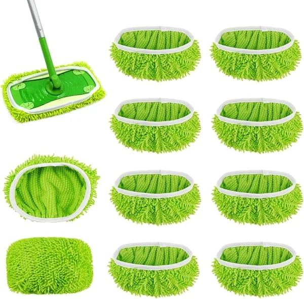 10-pack floor mops compatible with Swiffer Sweeper for wet and dry use, reusable microfiber cloths for all floor types, green 25x11.5 cm