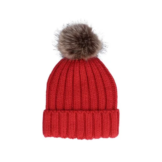 Beechfield - Red pom Beanie - Fur Chunky Beanie Classic Red Pop @ Hatstore