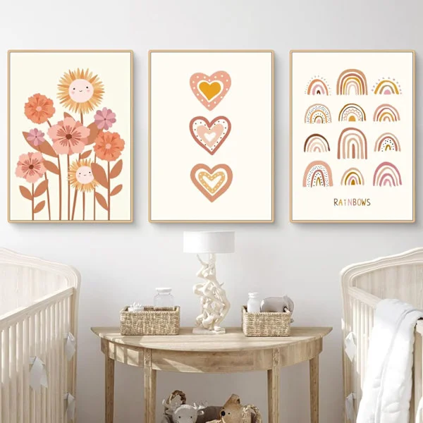 Set med 3 affischer för barnrum - Bohemisk väggdekor - Sol, regnbåge - För babyflicka och pojke - Utan ram