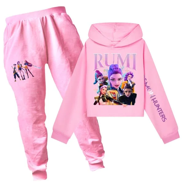 Kpop Demon Hunter Girls Casual Set: Printed Crop Hoodie & Pants - Pink Set all pink x-FF- Set all pink x[TT]