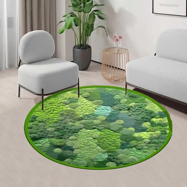 Round Green Moss Rug, Imitation Cashmere, Floor Mat for Bedroom and Living Room, Non-Slip Balcony Hanging Basket Floor Mat, Bedside Rug for Bed