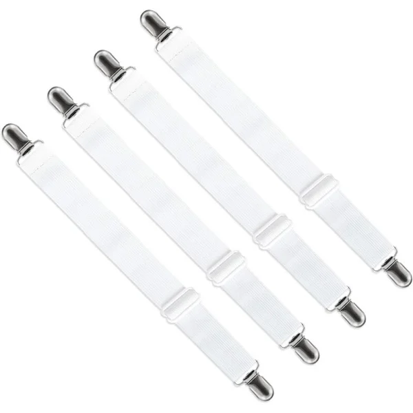 Justerbare lakenstrammere (65 cm til 200 cm), justerbar festestropp for laken, sofa, strykebretttrekk (hvit, 4-pakning)