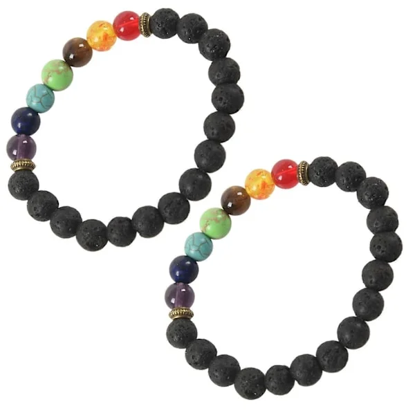2x 7 Chakra Healing Armbånd Svarte Lavasteiner Reiki Buddha Bønne Stein Herre- og Damearmbånd