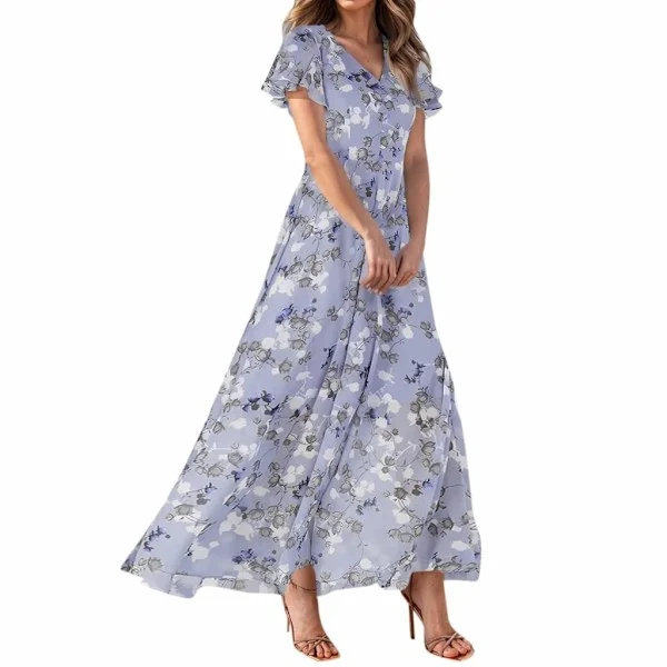 Women's Maxi Dress, Floral Casual V Neck Short Sleeve Flowy Long Dress for Beach Wedding Guest Purple