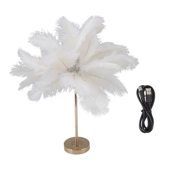 Feather Table Lamp Touch Switch USB Ostrich Feather Lamp 3 Colors Dimmable Desk Lamp with Gold Metal Base 30pcs Feathers