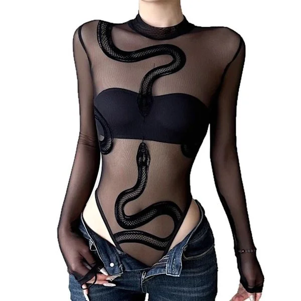 Dame Slange Gjennomsiktig Langermet Mock Neck T-skjorte Mesh Bodysuit Topper