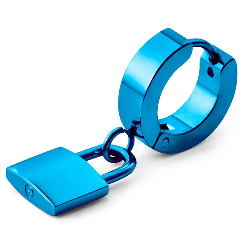 Floyd Blue Padlock Pendant Hoop Earring for Men - Charm Hoop Earrings