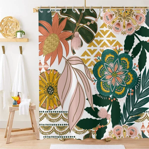 180x180 Boho Blomster Bruseforhæng, Abstrakt Bohemian Blomster Tropiske Blade Farverige Badeforhæng Midtårhundrede Moderne