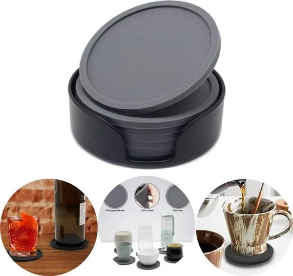6-pack Silicone Coasters with Deep Edge, Heat Insulation Pads, Drink Glass Mat, for Hot or Cold Drinks (Grey)