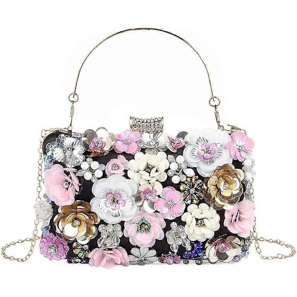 Women Elegance Floral Evening Bag Clutch Bags Flowers Beads Wedding Tote Bags Bridal Shoulder Bags Handbags (Black){ROG}