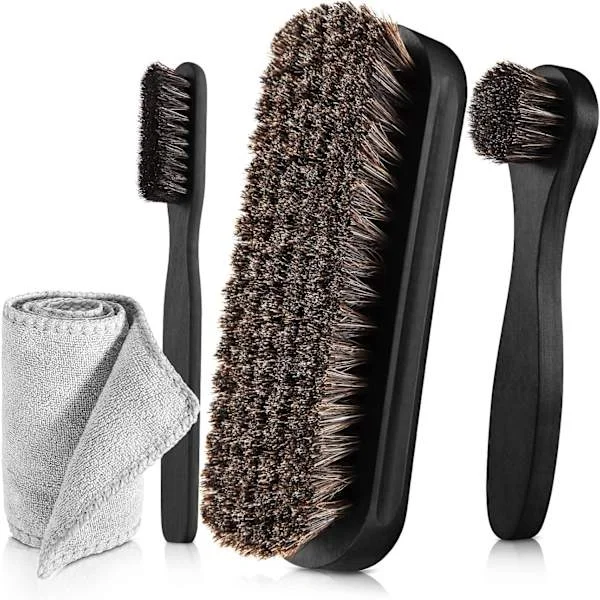 4 delar hästhår glansskoborstkit polerapplikatorer rengöring läderskor stövlar vårdborstar mockarengöringsborste med mikrofiber skoduk