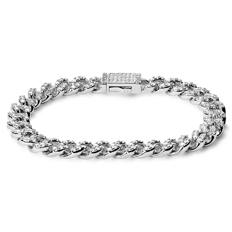 Nicos | 8 mm Iced Silver-tone Cuban Chain Zirconia Bracelet for Men - Chain Bracelets