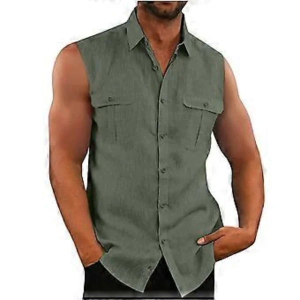 Herre Skjorte Dobbelt Lomme Bomuld Linned Ærmeløs Skjorte Komfortabel og Åndbar Herre Tank Top (XL grøn)