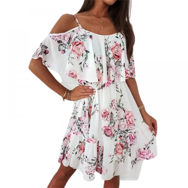 Plissert vår/sommer ny dameklær europeisk og amerikansk sexy off shoulder hengende stropp trykt chiffon kjole (hvit M)