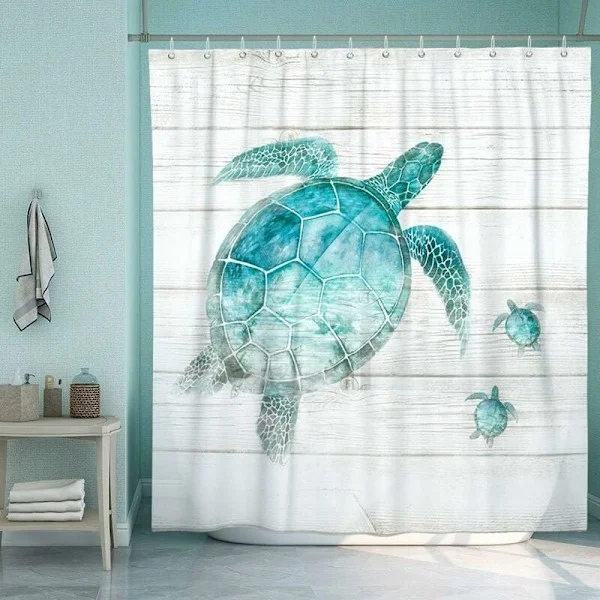 Badeforhæng Strand Turkis Havskildpadde - Blå Havdyr Badeværelsesforhæng - Turkis Grå - Rustik Polyester - Vandtæt med 12 Hvide Ringe - 180