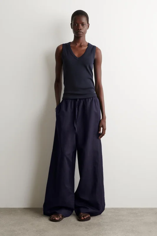 COS Women's Wide Leg Linen Drawstring Trousers in Blue