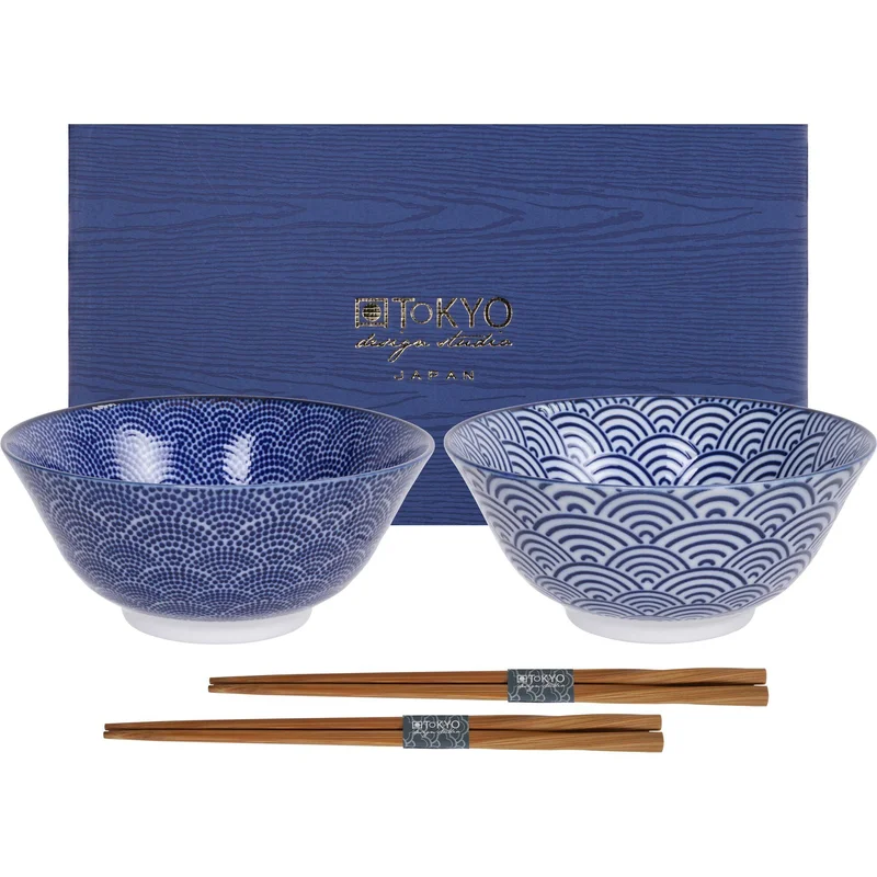 Tokyo design studio Nippon Blue skålesæt + spisepinde, prikker/bølger - Blå og hvid | KitchenOne