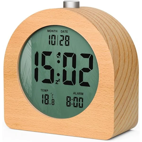 Digital väckarklocka med LCD-temperatur- och datumvisning, batteridriven smart väckarklocka i trä med ljus, högljudd summer
