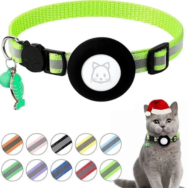 Justerbart Airtag-halsband för katt GPS Reflekterande halsband med Airtag-hållare Säkerhetsspänne och klocka & fiskbenshänge