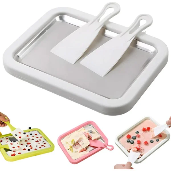 (SC)2026 Rolled Ice Cream Maker Kit | Stainless Steel Instant Freeze Pan with 2 Spatulas, Easy DIY Home Dessert Set (White)