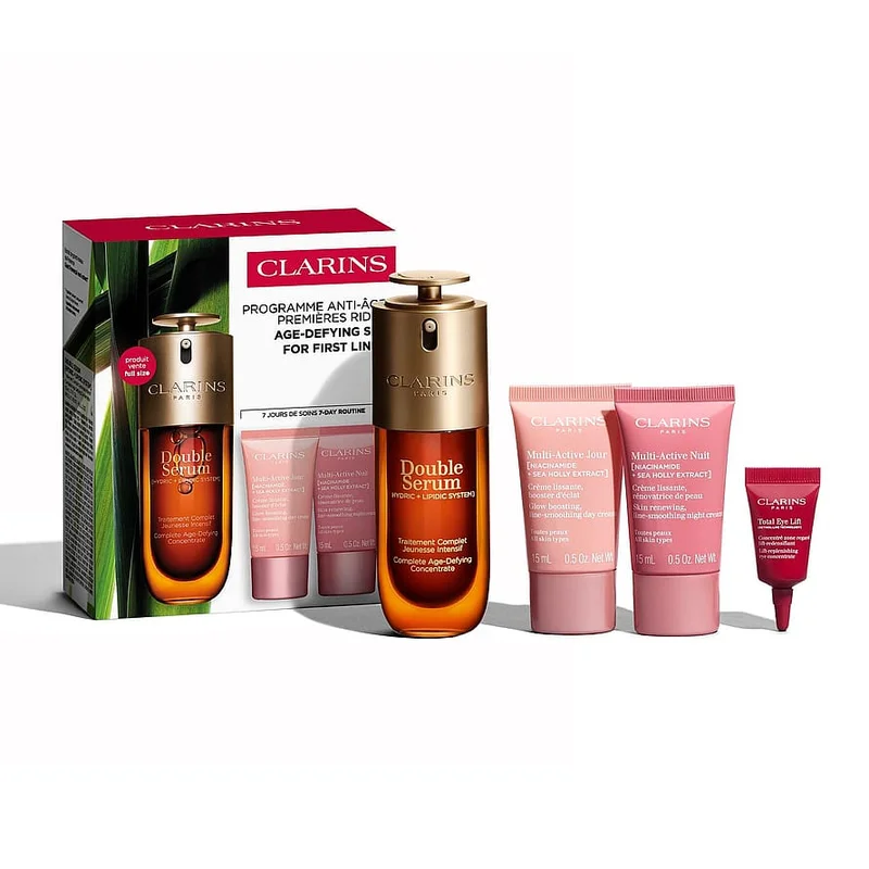 Clarins Value pack Double serum & Multi-Active DS9 50ml, MA day CR 15ml, MA night cr 15ml, TEL sample 3ml, Gaver, Gaveæsker, Skincare Gaveæsker