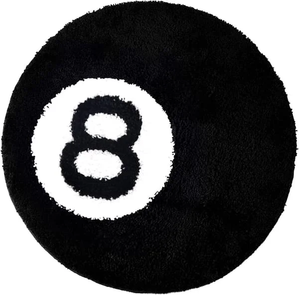8-Ball Teppe - 24-tommers Svart Rundt Teppe for Biljard/Poolbord, Sklisikker Fluffy Gulvmatte, Stuedekor, Unik Romdekorasjon