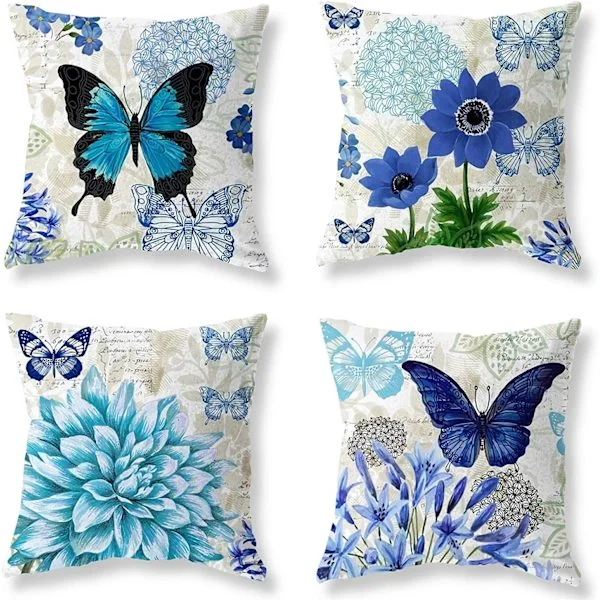 Pynteputetrekk 45 x 45 cm Blå Blomstret Sommerfugl Putetrekk 45 x 45 cm Myk Polyester Firkantet Pynteputetrekk Sett med 4