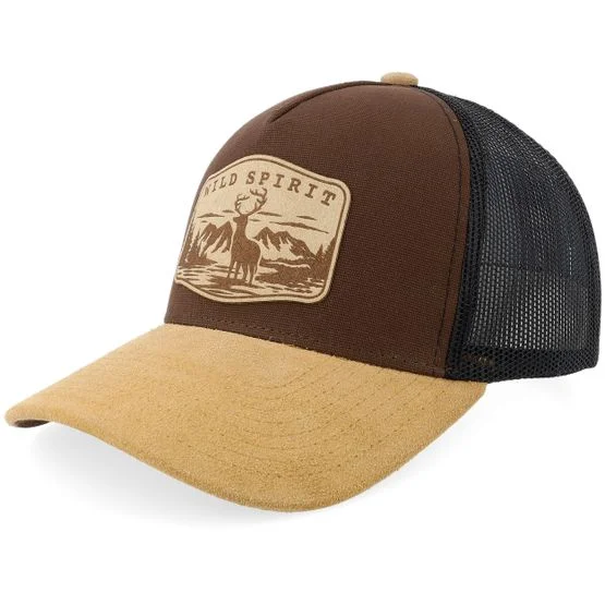 Wild Spirit Braun Trucker Cap Deer In The Wild Beige Patch Brown Canvas Wheat Suede A-frame One Size 55-60cm