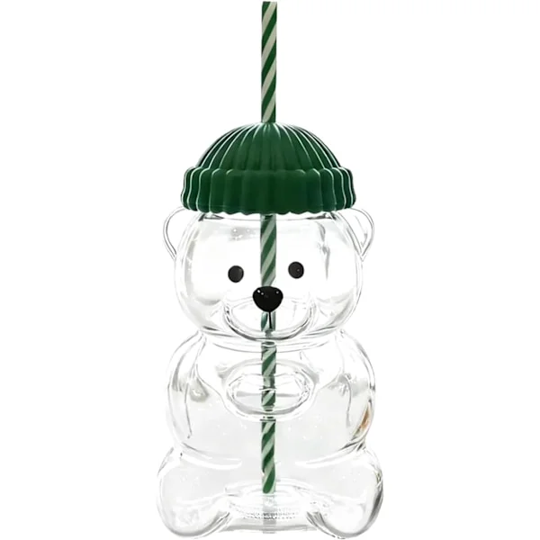 D'ours glasskål med lokk og sugerør, søt bjørnglasskål, bjørneformede glass, iskaffekopper for juice, iskaffe, te, brus, øl (A)