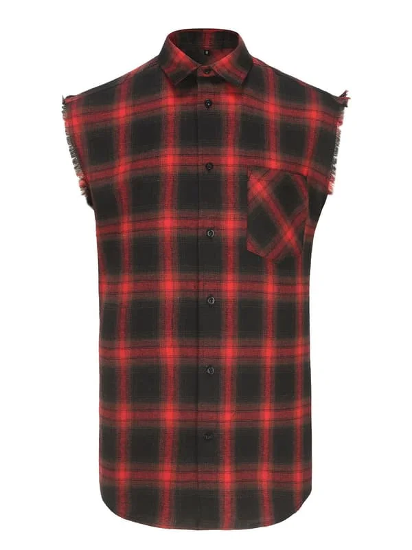 Ærmeløs ternet skjorte med knapper til mænd, afslappet flannelvest