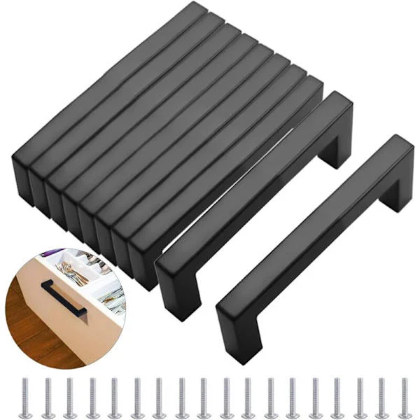 10 Pcs Black Kitchen Cabinet Handles 160mm, Modern Square Stainless Steel Furniture Handles with Screws, for Office, Drawers, Cabinets