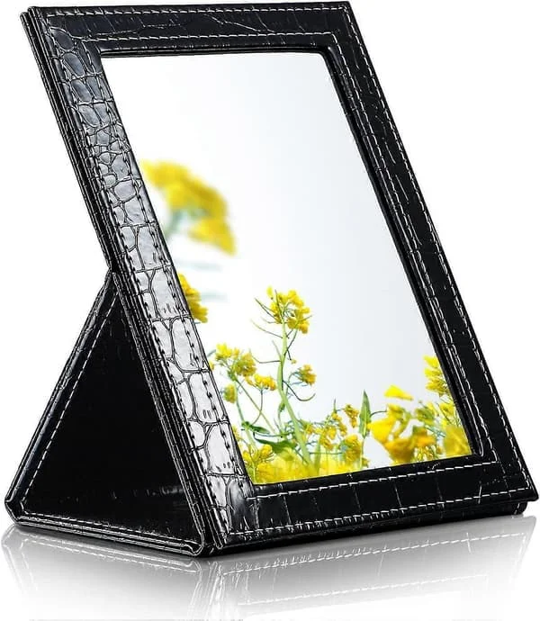 PU Leather Desk Mirror, Portable Folding Makeup Mirror, Table Mirror with Stand for Cosmetics Personal Beauty 17x12CM -Qin Black