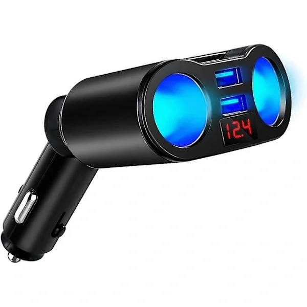 Billader sigarettenneradapter, USB C billader splitter 120W 12V-24V bil USB-uttak DC-uttak splitter spenningsdisplay Type C sigarettenner
