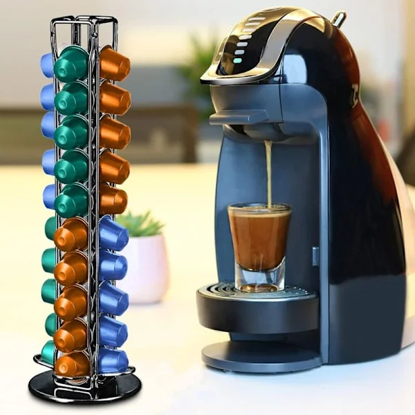 Kaffekapselholder, roterende kaffekapselholder, kapseldispenser, stor kapasitet rommer 40 kapsler, laget av robust metall, kromtråd, du