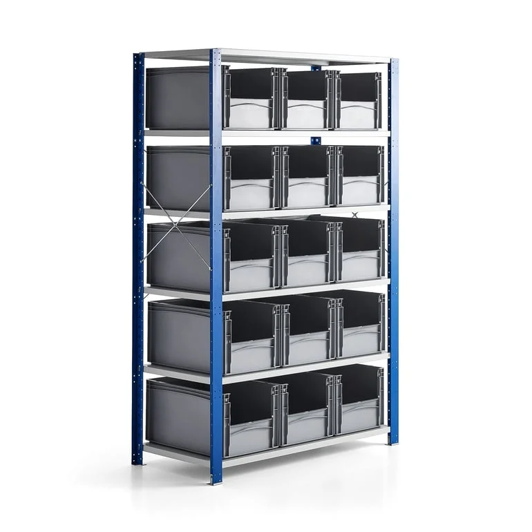 Widespan shelving FRASER + MIX with 15 plastic boxes, 2100x1365x600 mm