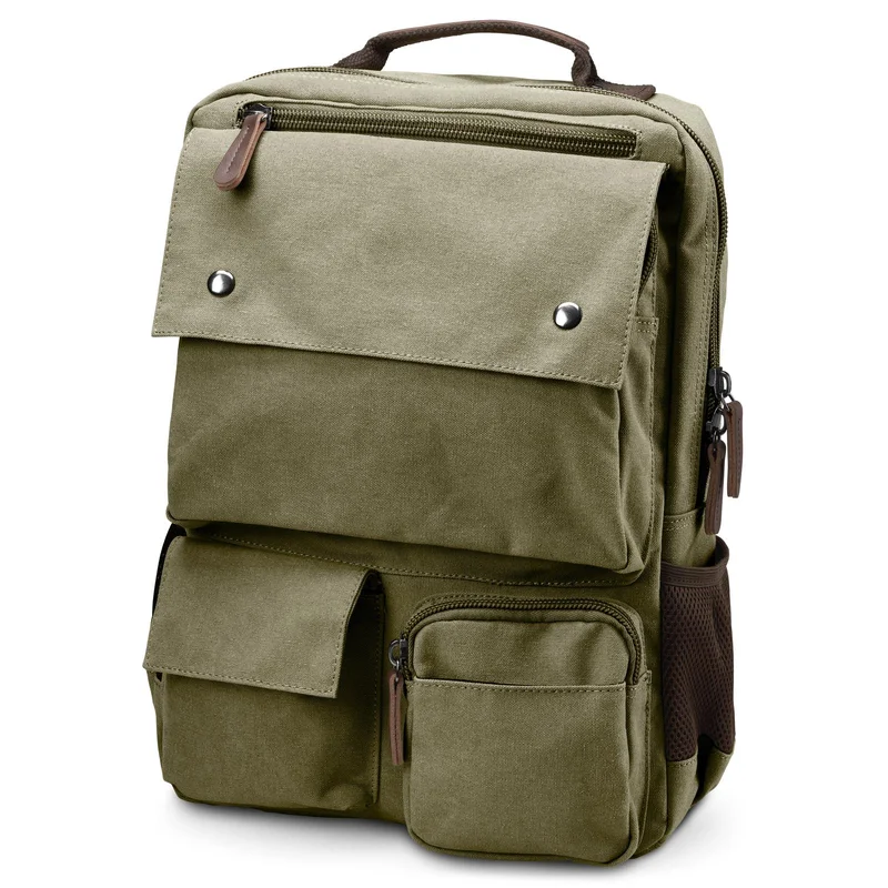 Mochila compacta de lona verde militar y cuero marrón para hombres - Mochilas