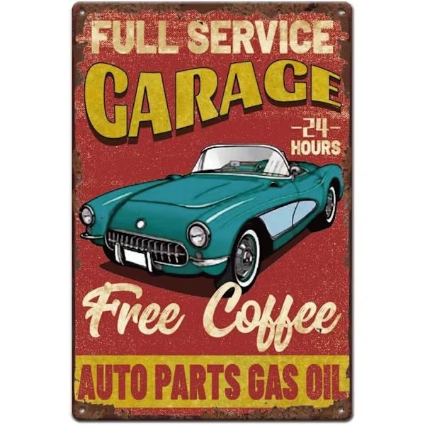 Retro Full Service Garasje Blikkskilt, Vintage Metallskilt for Garasjeskilt, Metall 24-7 Bilservice, Reparasjoner og Drikke, Gratis Kaffe