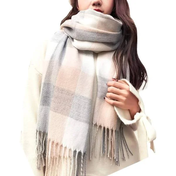 Dame Vinter Plaid Tørklæde Blødt Kashmir Lignende Garn Og Bomuld Vendbart Varmt Langt Sjal Med Frynser Til Efterår Og Vinter Hvid Grå 200x60cm
